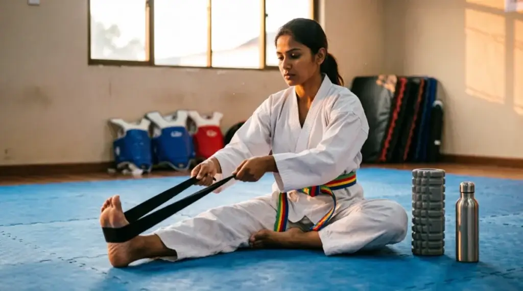 Indian Taekwondo athlete doing a seated hamstring stretch with a strap and foam roller for active recovery after training