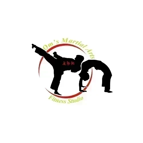 Om's Academy official logo featuring martial arts silhouettes and fitness studio branding